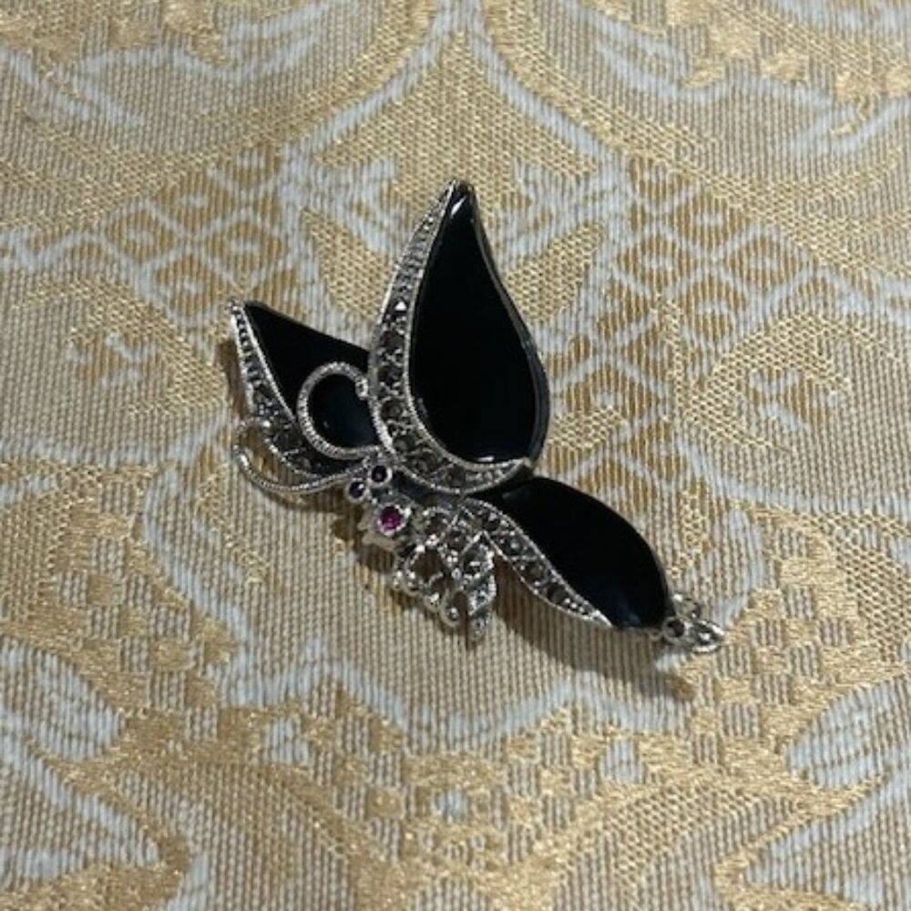 BUTTERFLY 925 Silver Onyx Marcasite Art Deco BROOCH - Picture 6 of 10